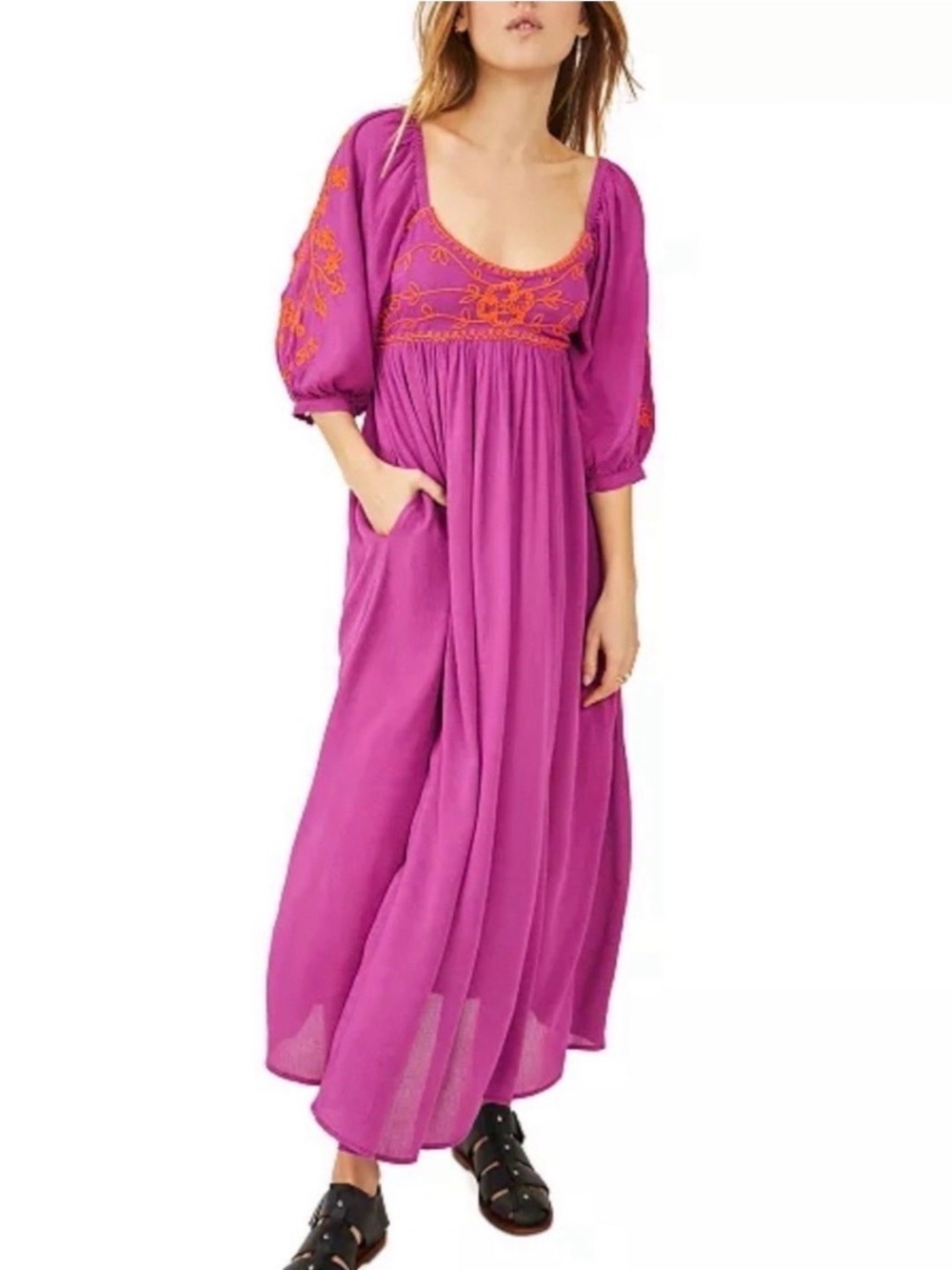 Free People Strapless Magenta Maxi Dress with Orange Embroidery